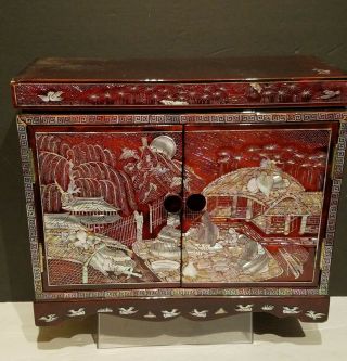Vintage Mother Of Pearl Inlaid & Red Lacquer Asian Jewelry Box.  Nr