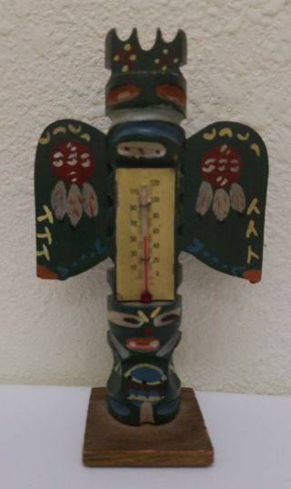 Vintage Alaska Hand Carved Wooden Thunderbird Totem Pole Nw Decor W/thermometer