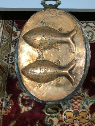 Vintage Copper Tin Lined Large Fish Mold with Brass Handles,  Wall Plaque Decor 2