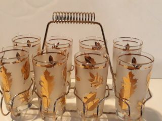 Vintage Mcm Libbey Gold Leaf Drinking Tumbler Glasses Bar Set Of 8 Metal Caddy