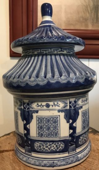 Vintage Asian Chinoiseries Blue And White Cookie Jar With Lid 13 Inches Tall