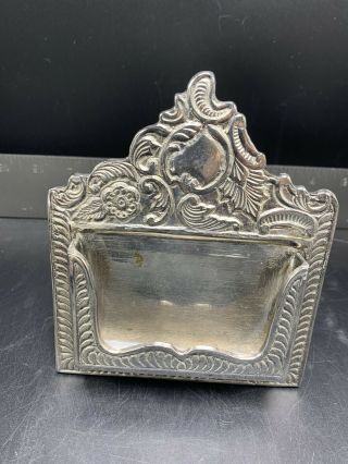 Vintage Heavy Silver Metal Business Card Holder Stand