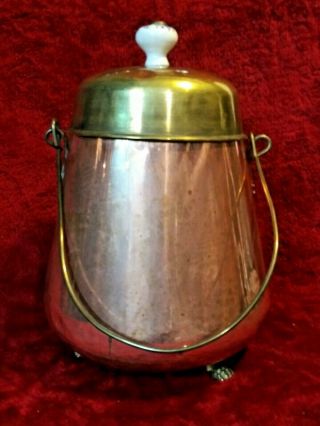 Vintage Copper Bucket With Brass Lid Handle And Porcelain Top 9 " W X 12.  5 " H