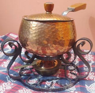 Vtg Mid Century Hammered Copper Pewter Chafing Pot Fondue Set Wrought Iron Stand