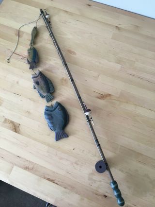 Primitive Folk Art Wooden Fishing Pole And Fish Wall Hanging
