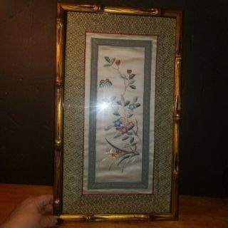 Vintage Asian Japanese Bamboo Frame Silk Needlework Picture Floral