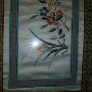 Vintage Asian Japanese Bamboo Frame Silk Needlework Picture Floral 2