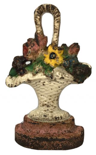Vintage Hubley Cast Iron Door Stop Flower Wicker Basket Floral Bouquet 8 " 1930s
