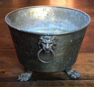 Vintage Brass Planter Pot Claw Foot & Lion Head Handles