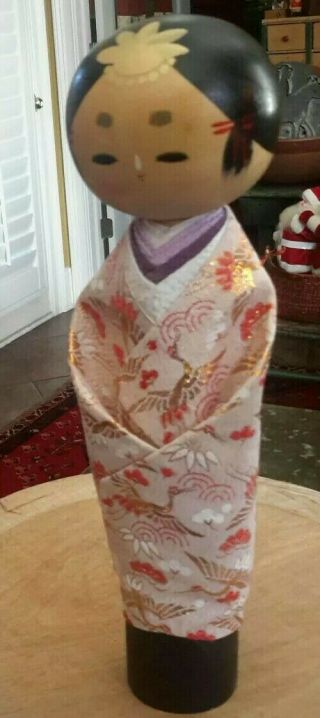Vintage Kokeshi Doll Japan Wood Hand Painted Brocade Kimono Large 10 "