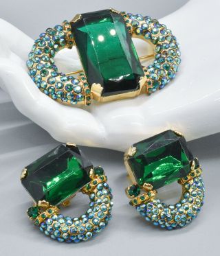 Gianni De Liguoro Brooch/earrings Set / Large Emerald Green & Ab Rhinestones Vtg