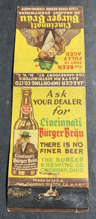 Burger Brau Beer Matchbook Cover Cincinnati Ohio German Man Bottle Logo