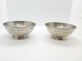 Two Hms Eagle English Royal Navy 2 1/4 " X 5 3/8 " Pewter Mess Bowls