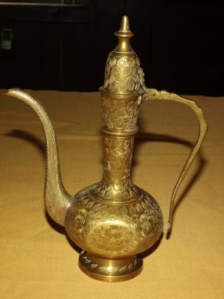 Vintage Genie Lamp 8 1/2 " High India Brass Etched Tea Pot