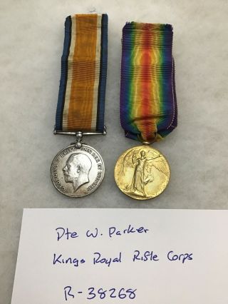 British War Medal Pair Pte W.  Parker Kings Royal Rifle Corps Ref 061