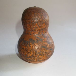 Vintage 1980s Peruvian Carved/painted Gourd - Town,  Llamas,  Farming - Intricate - Signed