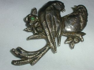 Vintage Huge Mexican Silver Brooch W/ 2 Birds And A Turquoise