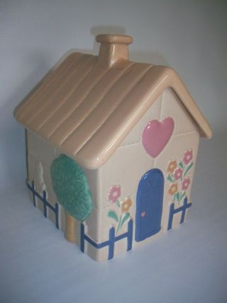 Vintage 1987 Hmk Treasure Craft Cottage House Cookie Jar,  Pink & Aqua
