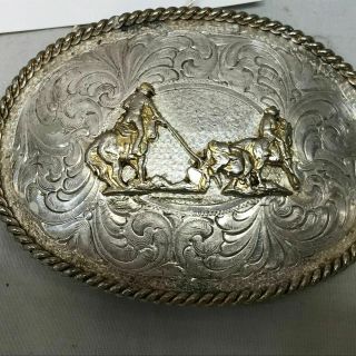 " V " - Montana Silversmiths Silver Plate Calf Roping Belt Buckle