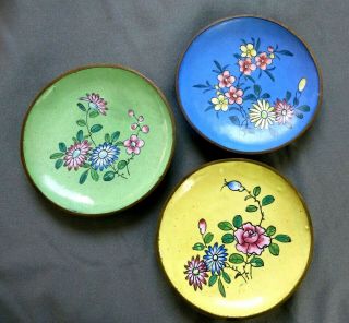 Small Vintage Chinese Trinket Dish Enamel On Copper Hand Painted Set/3 Floral