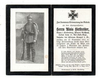 Vintage German Ww1 Death Card - Alois Hirtlreiter - 15rir - Ek2 - Fell 13nov1916