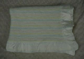 Vintage Chatham Pastel Stripe Baby Blanket Open Weave Off White Pink Blue Yellow