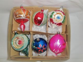 6 Vintage Hand Painted & Glittered Christmas Ornaments - Poland - Indents