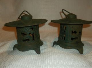 Vintage Set Of 2 Japanese Cast Iron Pagoda Hanging Lanterns