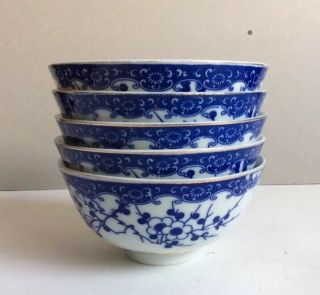 Set Of 5 Vintage Blue & White Porcelain Rice Bowls Flowers Pattern Japan Marks