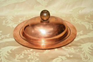 Vintage Rare Unique Art Deco Oval Copper 11x9 " Serving Dish W/ Wood Handled Lid