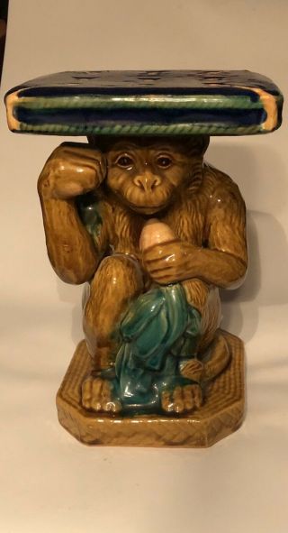 Crouching Monkey Plant Stand British Colonial,  Majolica,  Boho,  Vintage Ceramic