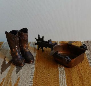 Vintage 50s Copper Metal Mini Western Cowboy Boots & Spur Ash Tray Signs Of Age