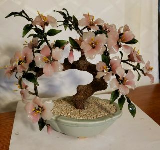 Vintage Asian Oriental Glass Jade Bonsai Tree Flowers Buds Pink With Green Leaf