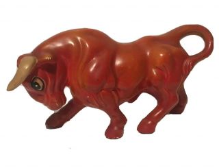 Spanish Vintage Mid Century Modern Style Ceramic Red Bull Figurine Horns