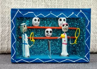 Tennis Mexican Day Of The Dead Shadow Box Diorama Skeletons Playing Folk Art