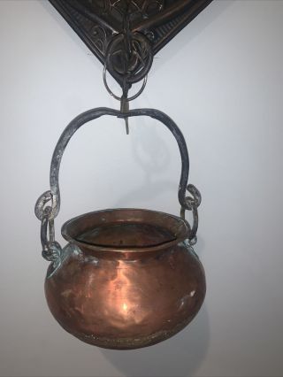 Antique Vintage Hanging Copper & Brass Pot Bucket W Organic Patina