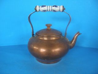 Vintage Large Gregorian Copper Tea Kettle With Porcelain Handle And Lid