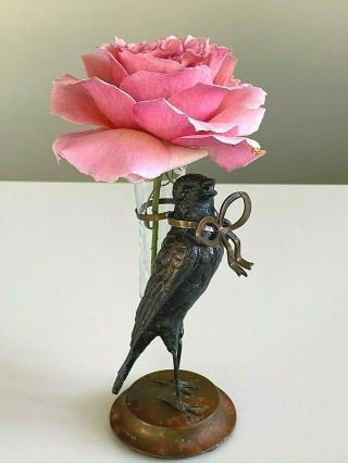 Vintage Petites Choses Metal Bird Figurine Glass Flower Vase With Metal Ribbon