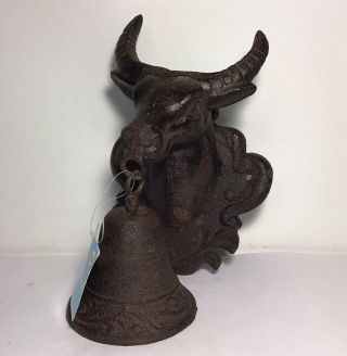 Vintage Style Cast Iron Long Horn Bull Cow Head With Nose Ring With Dinner Bell