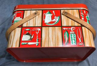 Vintage Decoware Tin Litho Picnic Basket Wood Handles Red With Picnic Theme