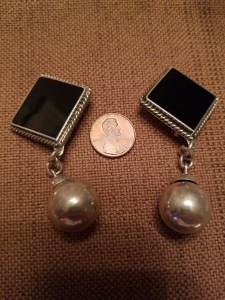 Vintage Taxco 925 Mexico Sterling Silver Onyx Drop Clip - On Earrings 1.  3 Oz
