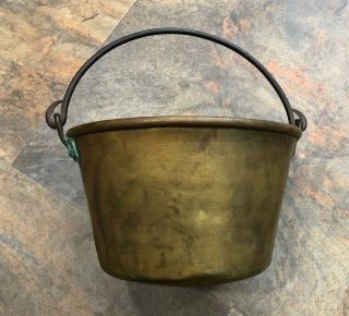 Vintage Small Brass Kettle Pot Bucket Planter W/rolled Rim And Iron Handle