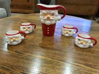 Tinsel Town Vintage Style Winking Santa Ceramic Pitcher & Cups/mugs.  Set Of 5.