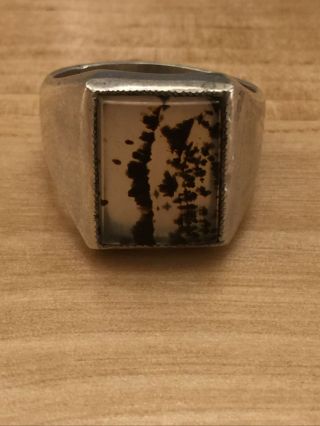 Native American Vintage Men’s Sterling Silver And Moss Agate Ring Size 10 1/2