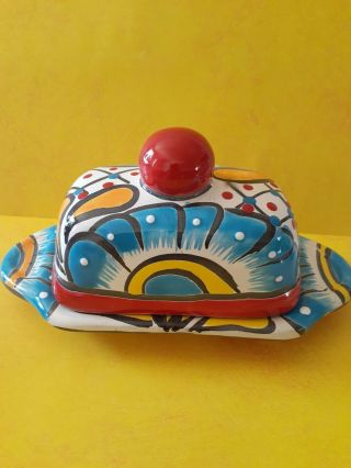 Mexican Talavera Pottery Butter Dish Handpainted Colorful Ceramic