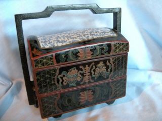 Vintage Chinese Wedding Box - 3 Tier,  Black Lacquered,  With Porcelain Lid