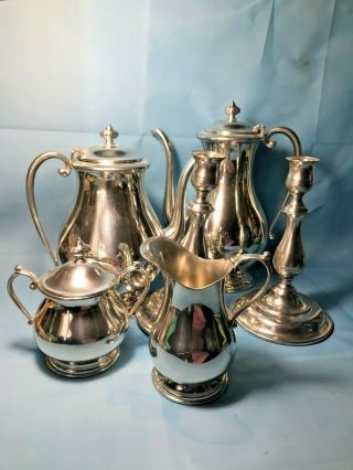 Kirk Stieff Pewter Williamsburg Coffee & Tea Pots Creamer Sugar Set Candlesticks