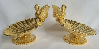 2 Vintage Gold Metal Swan & Sea Shell Pedestal Tray Trinket Coin Soap Dish Pair