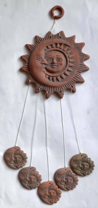 Vintage Aztec Mayan Red Mexican Clay Pottery Wall Hanging Face Sun Wind Chime 11