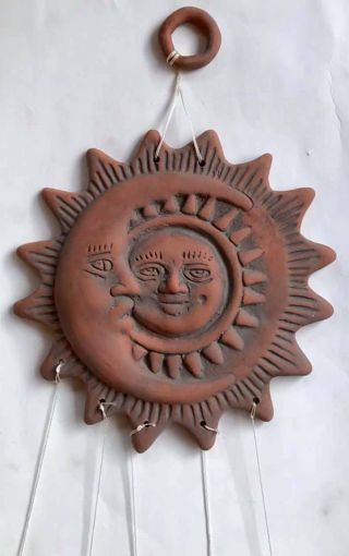 Vintage AZTEC MAYAN RED MEXICAN CLAY POTTERY WALL HANGING Face Sun Wind Chime 11 2